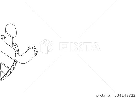 Single line drawing of a tortoise raising its leg behind the wall in a minimalist continuous art style. This design reflects a nature concept and is themed for World Turtle Day. Single line drawing of a tortoise raising its leg behind the wall in a minimalist continuous art style. This design reflects a nature concept and is themed for World Turtle Day. 134145822