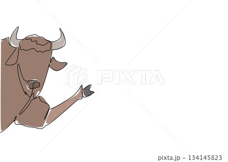 Continuous line drawing of a bison waving its hoof behind a wall, representing strength and resilience in a nature concept, themed for International Bison Day celebration. 134145823