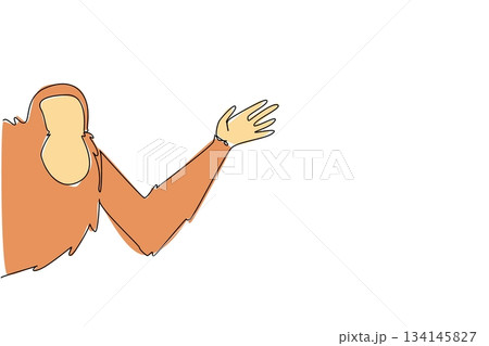 One line drawing of an orangutan waving its hand behind a wall, highlighting rainforest conservation in a nature concept, themed for International Orangutan Awareness Day. One line drawing of an orangutan waving its hand behind a wall, highlighting rainforest conservation in a nature concept, themed for International Orangutan Awareness Day. 134145827