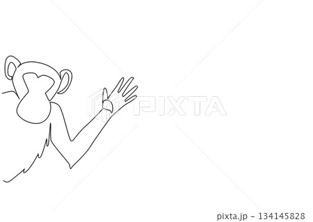 Single line drawing of a chimpanzee waving behind the wall, presented in minimalist continuous art. This nature concept design reflects playfulness and advocacy for International Chimpanzee Day. 134145828