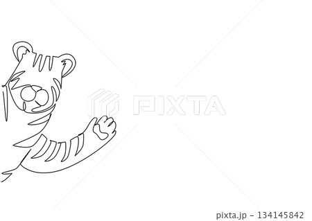 Single line drawing of a tiger raising its paw in a playful greeting, created as an animal concept illustration for Say Hi Day, symbolizing courage, energy, and cheerful connection. Single line drawing of a tiger raising its paw in a playful greeting, created as an animal concept illustration for Say Hi Day, symbolizing courage, energy, and cheerful connection. 134145842