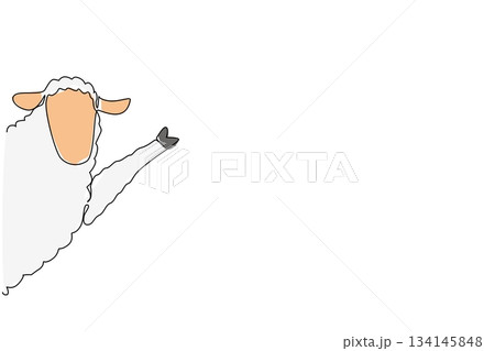 Single line drawing depicts a sheep waving from behind a wall, representing pastoral life and wool heritage. A nature concept themed for International Wool Textile Day. 134145848
