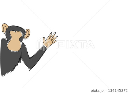 Single line drawing of a monkey waving hand behind the wall, expressing a nature concept with the theme animal waving paw, suitable for International Monkey Day and fun wildlife inspired illustrations 134145872