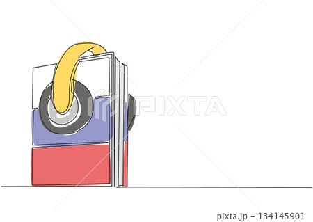 Continuous line drawing of a earphone book featuring Russian flag, representing secure language education, literacy, and the significance of Russian language learning during Russian Language Day event 134145901