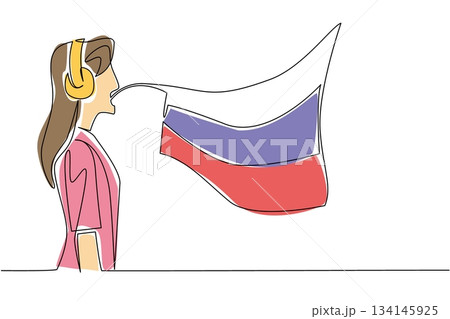 Single line drawing of a female interpreter with headphones speaking and displaying the Russian flag, highlighting women role in language learning, education, and translation for Russian Language Day 134145925