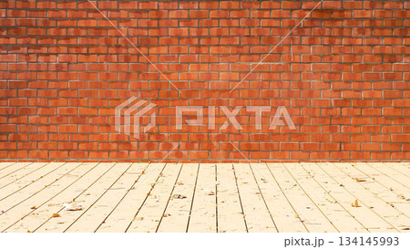 Red-Brown Brick Wall Texture with Foreground Light Wooden Floor Planks Red-Brown Brick Wall Texture with Foreground Light Wooden Floor Planks 134145993