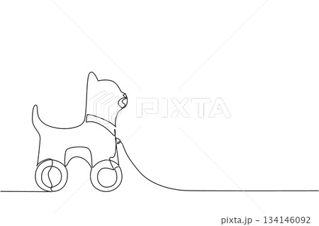 One line drawing of a cat shaped wooden pull toy with wheels, minimalist and fun, designed for children play, childhood creativity, and simple toy illustration artwork. Cat character One line drawing of a cat shaped wooden pull toy with wheels, minimalist and fun, designed for children play, childhood creativity, and simple toy illustration artwork. Cat character 134146092