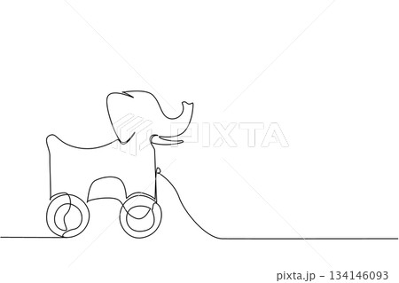 Continuous line drawing of an elephant shaped wooden pull toy with wheels, minimalist and simple, creative vector design for children toy art, animal illustration, and family concepts. Continuous line drawing of an elephant shaped wooden pull toy with wheels, minimalist and simple, creative vector design for children toy art, animal illustration, and family concepts. 134146093