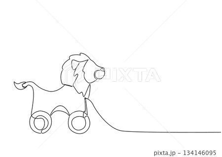 One line drawing of a lion shaped wooden pull toy on wheels, minimalist and artistic, designed for children fun, toy design, family concept art, and creative childhood illustration. One line drawing of a lion shaped wooden pull toy on wheels, minimalist and artistic, designed for children fun, toy design, family concept art, and creative childhood illustration. 134146095