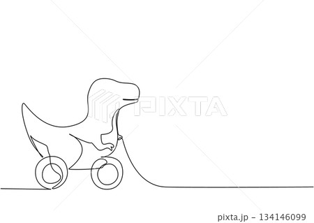 Continuous line drawing of a t-rex dinosaur shaped wooden wheeled pull toy, playful and minimalist design concept, perfect for children toy illustrations, childhood artwork, and creative vector art. 134146099