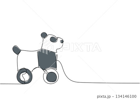 Cute panda wooden pull toy with wheels created in single line drawing style, perfect for toy design concept and animal themed minimalist art for children fun, nursery, and creative decor. 134146100