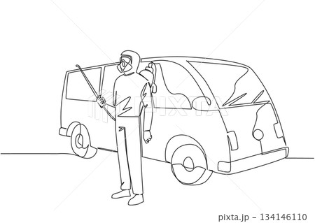 Continuous line draw of a man in protective gear and spraying equipment standing by a van, representing professional pest control service and celebrating the industry global efforts for World Pest Continuous line draw of a man in protective gear and spraying equipment standing by a van, representing professional pest control service and celebrating the industry global efforts for World Pest 134146110