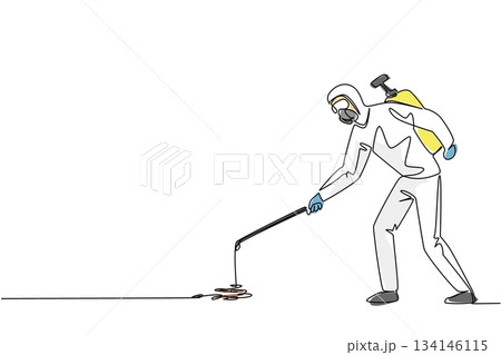 Single line drawing of a man in protective suit standing as he spray pesticide, showcasing professional pest control practices and safety measures during World Pest Day global event promoting health Single line drawing of a man in protective suit standing as he spray pesticide, showcasing professional pest control practices and safety measures during World Pest Day global event promoting health 134146115