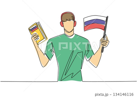 One line drawing of a young boy with headphones holding a Russian flag and a book, promoting children language learning, cultural pride, and education for Russian Language Day at a worldwide event 134146116
