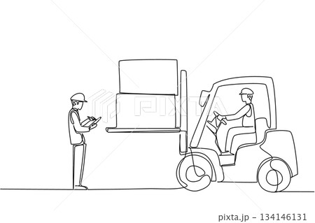 Single line drawing artwork showcasing National Forklift Safety Day theme with an operator lifting boxes while another worker observes and records, focusing on workplace industry safety concept. 134146131