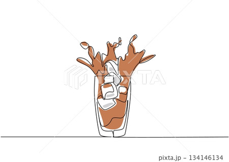 Refreshing continuous line drawing of iced tea splashing with ice cubes, celebrating National Iced Tea Day with a beverage concept and summer drink theme. 134146134