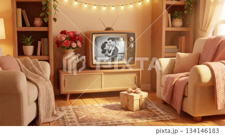 3D Vintage TV in Cozy Living Room Showing Romantic Movie with Vase of Roses, Wine Glass, and Gift Box 3D Vintage TV in Cozy Living Room Showing Romantic Movie with Vase of Roses, Wine Glass, and Gift Box 134146183
