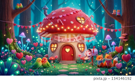 3D Red Mushroom House in Fantasy Forest with Valentine Decorations 134146192