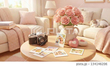 3D Polaroid and Film Camera with Vase of Roses and Hearts on Living Room Table 134146206