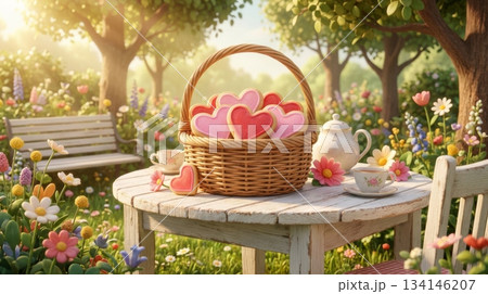 3D Wicker Basket with Heart Shaped Cookies on Tea Table in Garden 134146207