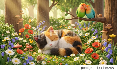 3D Cute Cat Lying in Garden with Small Flowers and Lovebirds 134146209