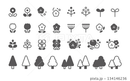 シンプルな木と花のアイコンセット 134146236