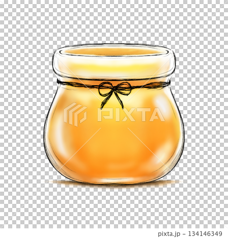 Honey in small open lid glass jar with bow tie isolated cartoon illustration 134146349