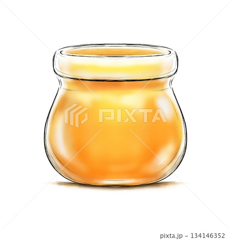 Honey in small open lid glass jar isolated cartoon illustration 134146352