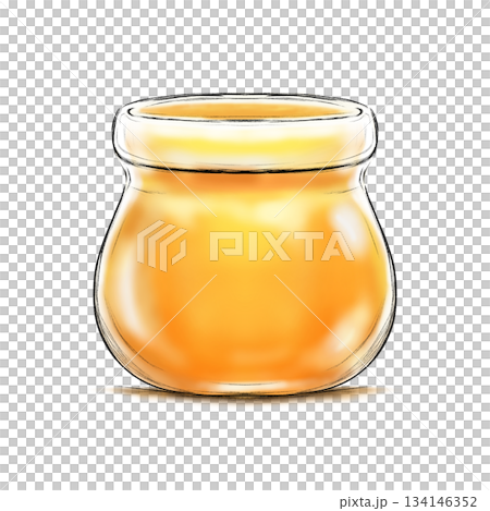 Honey in small open lid glass jar isolated cartoon illustration 134146352