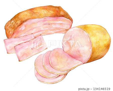 水彩イラスト　手書きイラスト　加工食品　ハムやベーコン 134146519