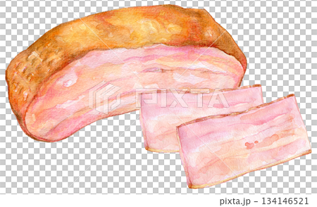 Watercolor illustration, hand-drawn illustration, processed food, ham and bacon 134146521