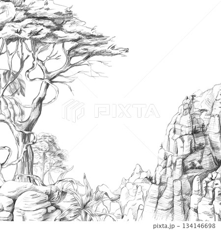 A square frame with a tree on rocks and mountains in the distance. Isolated pencil illustration of the tropics for hotel and restaurant interior design, nature reserve websites, and poster printing. A square frame with a tree on rocks and mountains in the distance. Isolated pencil illustration of the tropics for hotel and restaurant interior design, nature reserve websites, and poster printing. 134146698