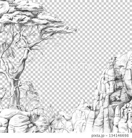 A square frame with a tree on rocks and mountains in the distance. Isolated pencil illustration of the tropics for hotel and restaurant interior design, nature reserve websites, and poster printing. A square frame with a tree on rocks and mountains in the distance. Isolated pencil illustration of the tropics for hotel and restaurant interior design, nature reserve websites, and poster printing. 134146698