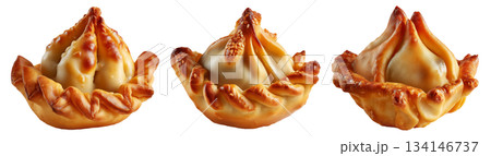 Set of Sambousek small crescent baked dumpling with twisted and pinched crust with cheese or meat, isolated on white background 134146737
