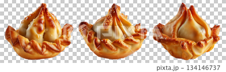 Set of Sambousek small crescent baked dumpling with twisted and pinched crust with cheese or meat, isolated on white background 134146737