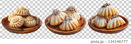 Set of Maamoul traditional sesame covered pastry, cookies powdered with sugar on white background. Concept of baked dessert food 134146777