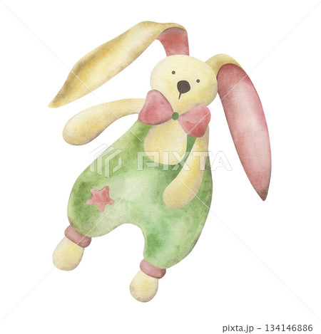 Comfort toy for baby, soft cotton bunny. The illustration of a textile animal is hand-drawn in a soft, childish style in yellow, pink, green colors. For the design of children's products, packaging Comfort toy for baby, soft cotton bunny. The illustration of a textile animal is hand-drawn in a soft, childish style in yellow, pink, green colors. For the design of children's products, packaging 134146886
