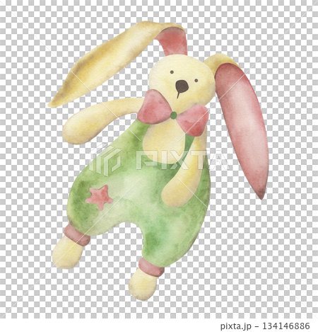 Comfort toy for baby, soft cotton bunny. The illustration of a textile animal is hand-drawn in a soft, childish style in yellow, pink, green colors. For the design of children's products, packaging Comfort toy for baby, soft cotton bunny. The illustration of a textile animal is hand-drawn in a soft, childish style in yellow, pink, green colors. For the design of children's products, packaging 134146886
