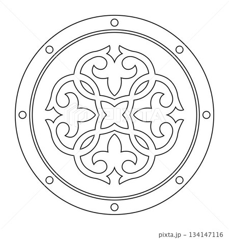 Round shield with pattern on white background. Celtic pattern in the form of circle. Beautiful vintage ethnic oriental pattern with arabesques. Traditional ornament. For textiles, embroidery, shield Round shield with pattern on white background. Celtic pattern in the form of circle. Beautiful vintage ethnic oriental pattern with arabesques. Traditional ornament. For textiles, embroidery, shield 134147116
