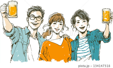 爽やかな若者たちの新年会・忘年会イメージイラスト｜ビールジョッキ、乾杯、談笑、笑顔、交流、集まり 134147318