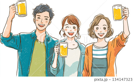 爽やかな若者たちの新年会・忘年会イメージイラスト|ビールジョッキ、乾杯、談笑、笑顔、交流、集まり 爽やかな若者たちの新年会・忘年会イメージイラスト|ビールジョッキ、乾杯、談笑、笑顔、交流、集まり 134147323