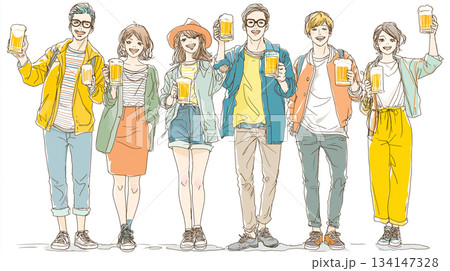 乾杯で盛り上がる若者の飲み会イラスト｜男性女性グループ、笑顔、ビール、ジョッキ、食事、パーティー 134147328