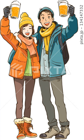乾杯で盛り上がる若者の飲み会イラスト|男性女性グループ、笑顔、ビール、ジョッキ、食事、パーティー 乾杯で盛り上がる若者の飲み会イラスト|男性女性グループ、笑顔、ビール、ジョッキ、食事、パーティー 134147332