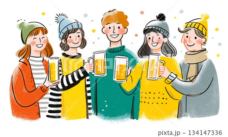 若者の笑顔あふれる飲み会イラスト素材|乾杯、ビール、友達、宴会、仲間、居酒屋、集まり、食事、忘年会 若者の笑顔あふれる飲み会イラスト素材|乾杯、ビール、友達、宴会、仲間、居酒屋、集まり、食事、忘年会 134147336