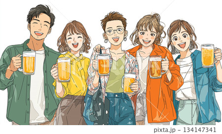 若者の笑顔あふれる飲み会イラスト素材｜乾杯、ビール、友達、宴会、仲間、居酒屋、集まり、食事、忘年会 134147341