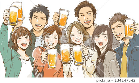 若者の笑顔あふれる飲み会イラスト素材|乾杯、ビール、友達、宴会、仲間、居酒屋、集まり、食事、忘年会 若者の笑顔あふれる飲み会イラスト素材|乾杯、ビール、友達、宴会、仲間、居酒屋、集まり、食事、忘年会 134147342