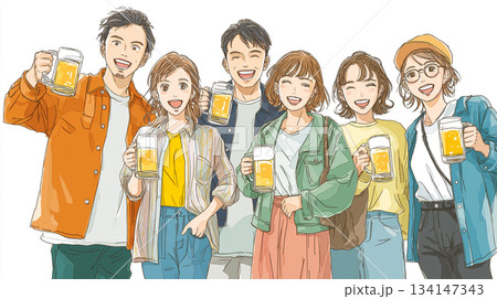 若者の笑顔あふれる飲み会イラスト素材|乾杯、ビール、友達、宴会、仲間、居酒屋、集まり、食事、忘年会 若者の笑顔あふれる飲み会イラスト素材|乾杯、ビール、友達、宴会、仲間、居酒屋、集まり、食事、忘年会 134147343