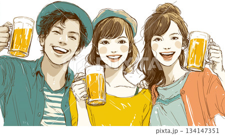 男女グループで乾杯するカジュアルな飲み会シーン｜ビール、ジョッキ、笑顔、パーティー、友人、職場、新年 134147351
