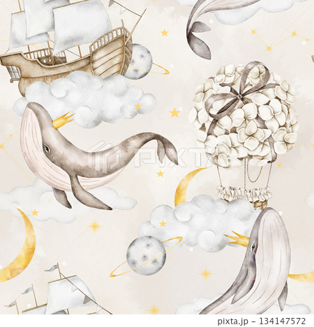 Seamless watercolor pattern featuring whales with golden crowns, wooden ships on clouds, hydrangea flower balloons, soft yellow moons, and planets. Perfect for nursery textiles, or wrapping paper. 134147572