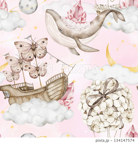 Seamless watercolor pattern featuring a whale with crystals, a butterfly sailboat, hot air balloon made of hydrangea flowers, clouds, yellow crescent moon, stars, and planets. Nursery textile print 134147574